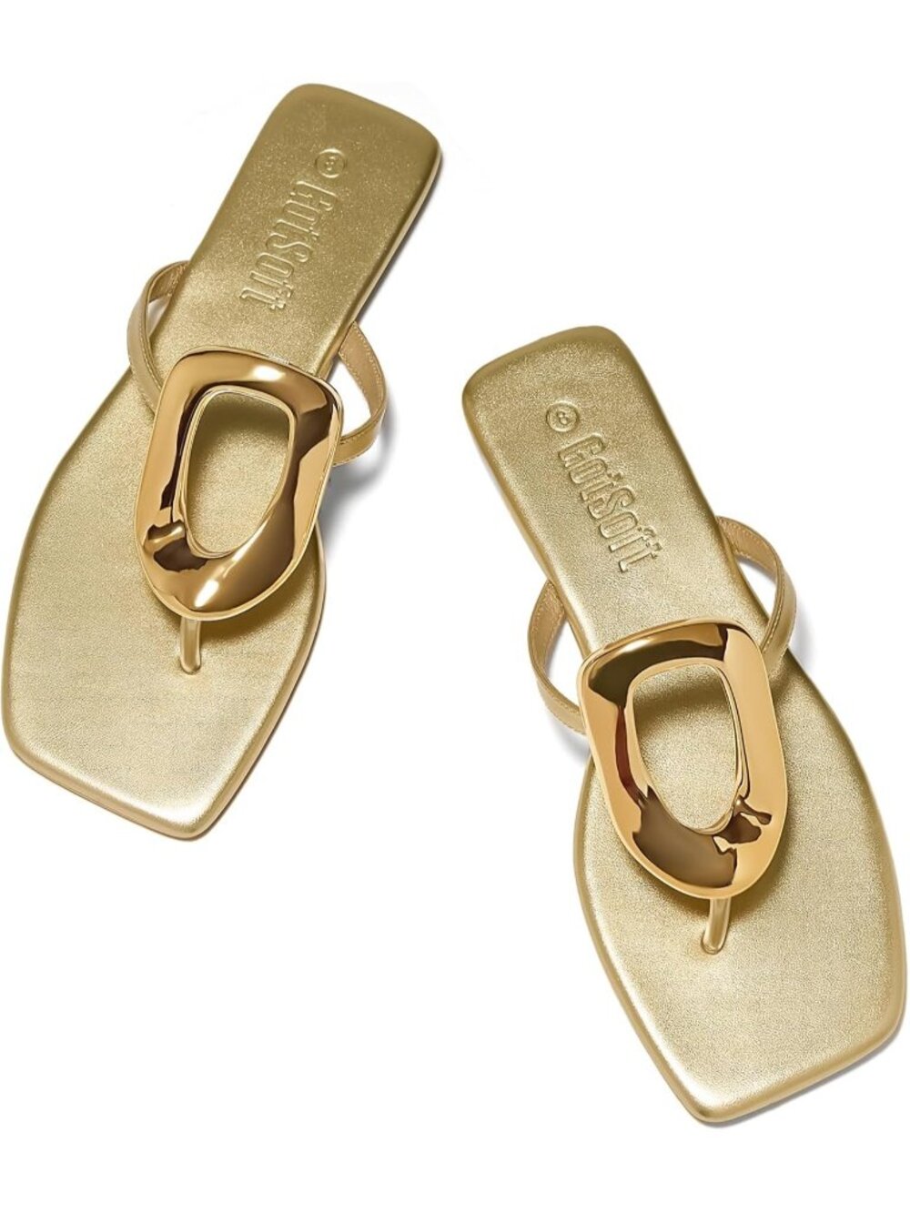 🆕Women's Gold Flat Sandals Square Toe Metal Decoration Flip Flops Shoes